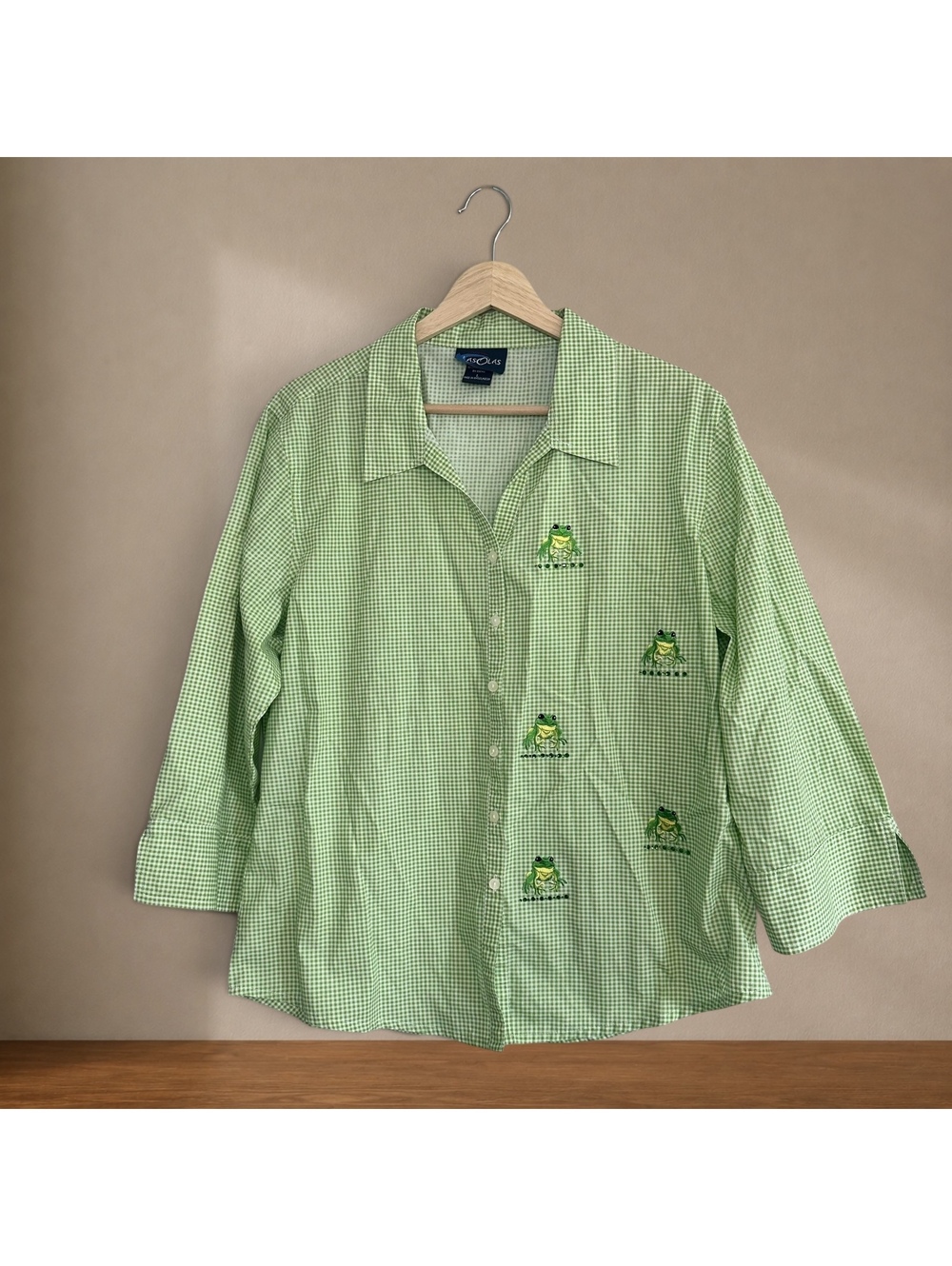 Green Gingham Frog Embroidered Button Front Shirt Cottagecore Whimsical Top
